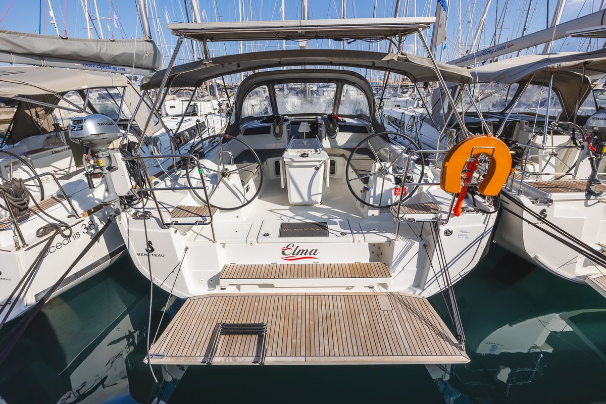 Deck of Elma, a Beneteau Oceanis 40.1 sailboat at Municipal Unit of Lefkada, Greece