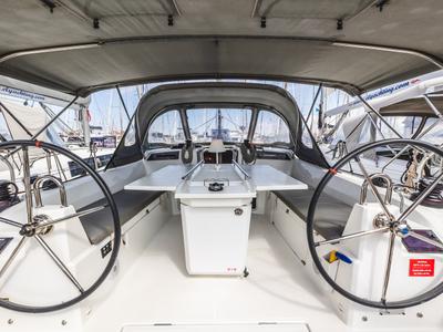 Cockpit of Elma, a Beneteau Oceanis 40.1 sailboat at Municipal Unit of Lefkada, Greece