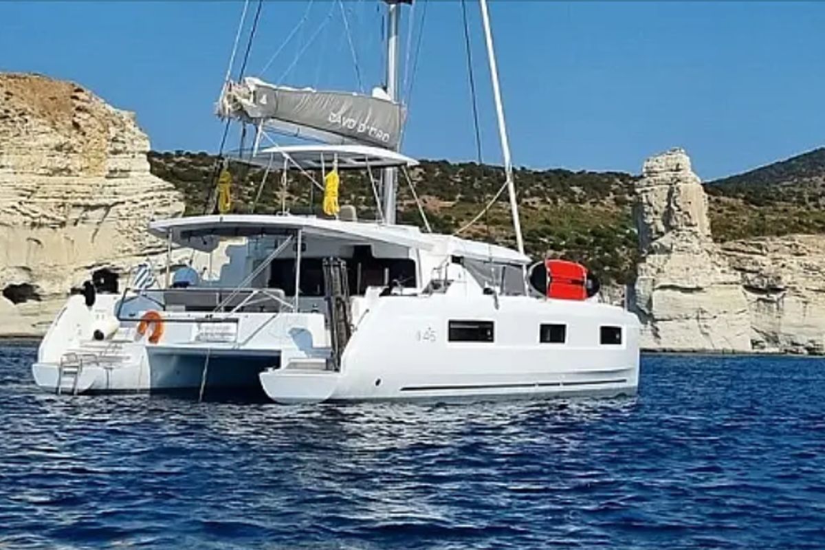 Exterior view of Cavo D Oro, a Lagoon 46 catamaran at Athens, Greece