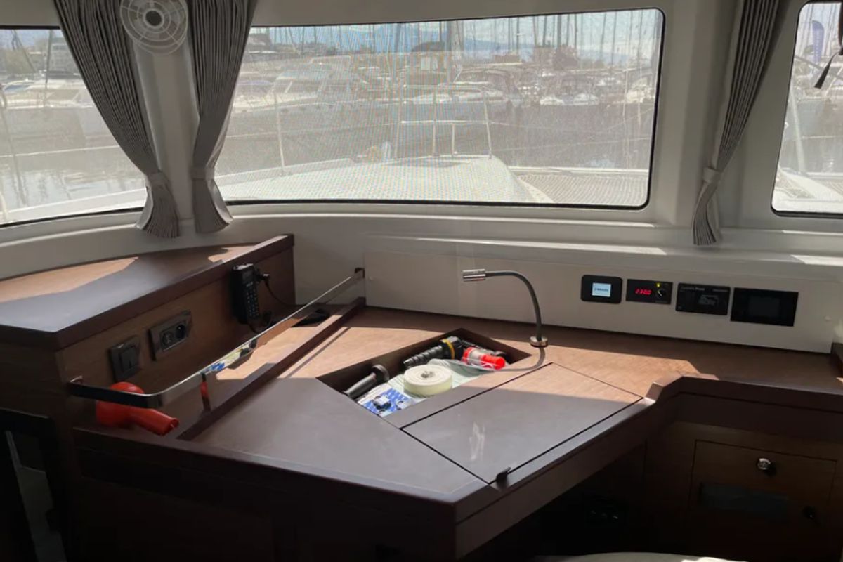 Salon of Cavo D Oro, a Lagoon 46 catamaran at Athens, Greece