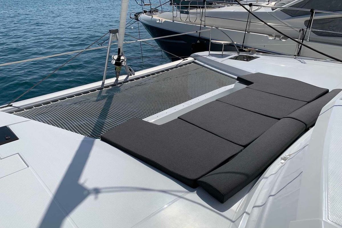 Deck of Lazuli, a Fountaine Pajot Elba 45 catamaran at Athens, Greece