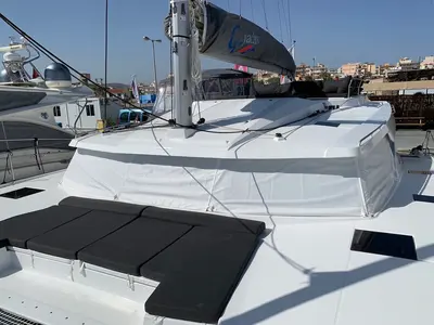Deck of Lazuli, a Fountaine Pajot Elba 45 catamaran at Athens, Greece