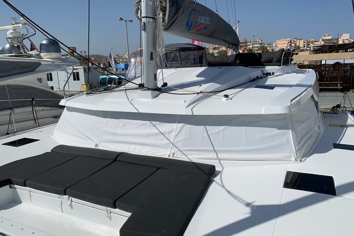Deck of Lazuli, a Fountaine Pajot Elba 45 catamaran at Athens, Greece
