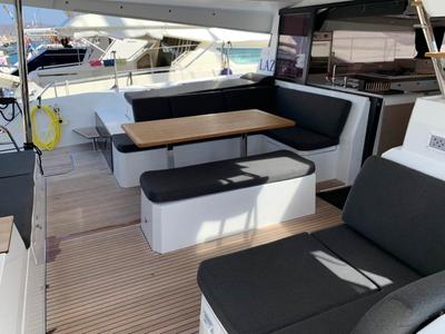 Cockpit of Lazuli, a Fountaine Pajot Elba 45 catamaran at Athens, Greece
