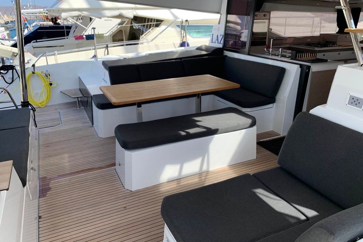 Cockpit of Lazuli, a Fountaine Pajot Elba 45 catamaran at Athens, Greece