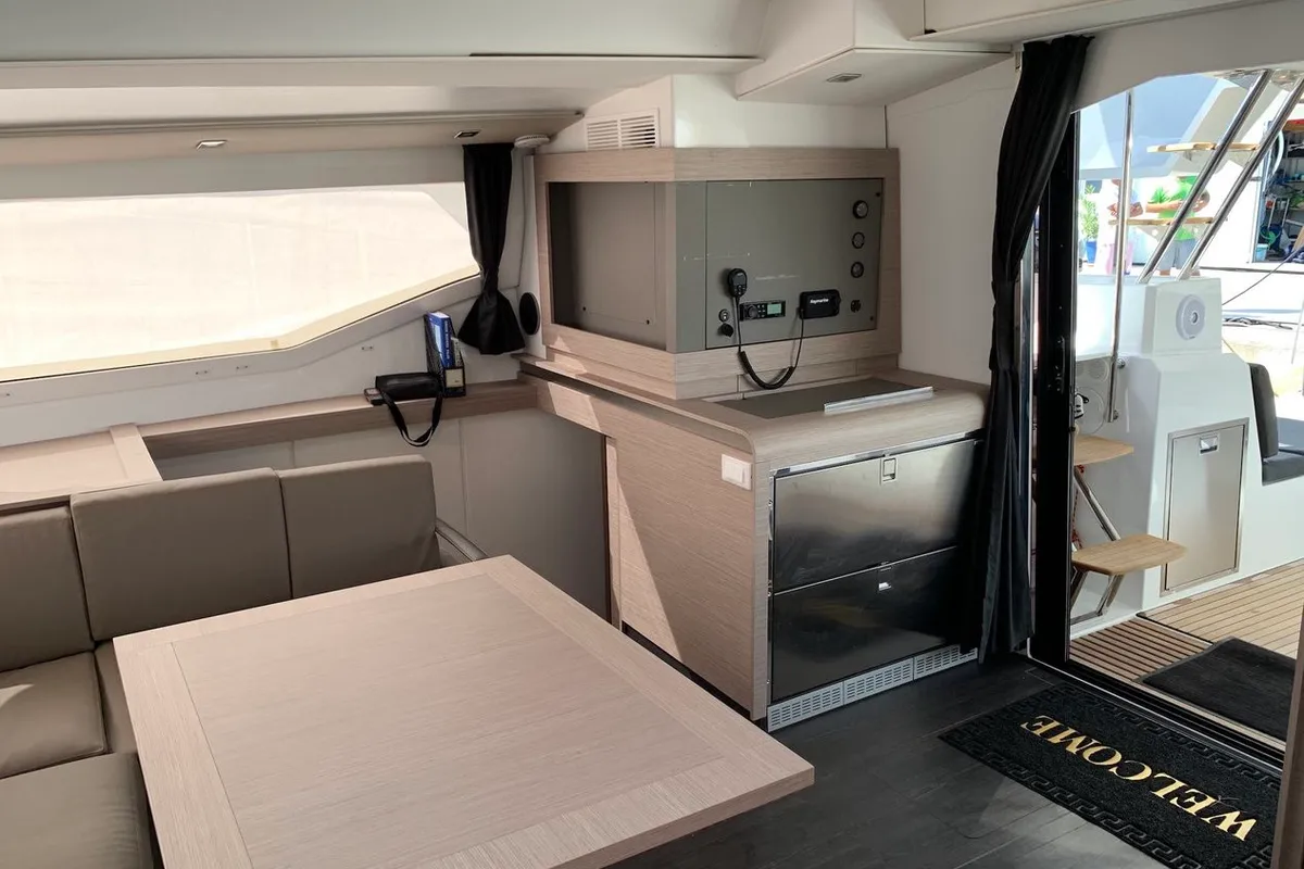 Head on Lazuli, a Fountaine Pajot Elba 45 catamaran at Athens, Greece