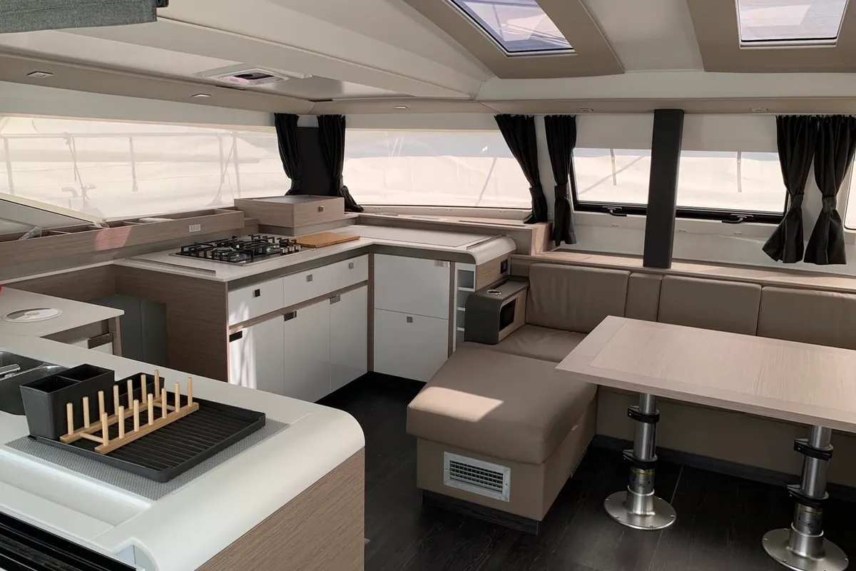 Cabin on Lazuli, a Fountaine Pajot Elba 45 catamaran at Athens, Greece