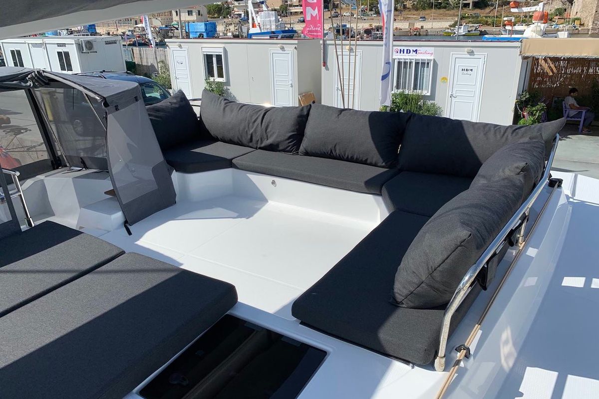 Cockpit of Lazuli, a Fountaine Pajot Elba 45 catamaran at Athens, Greece