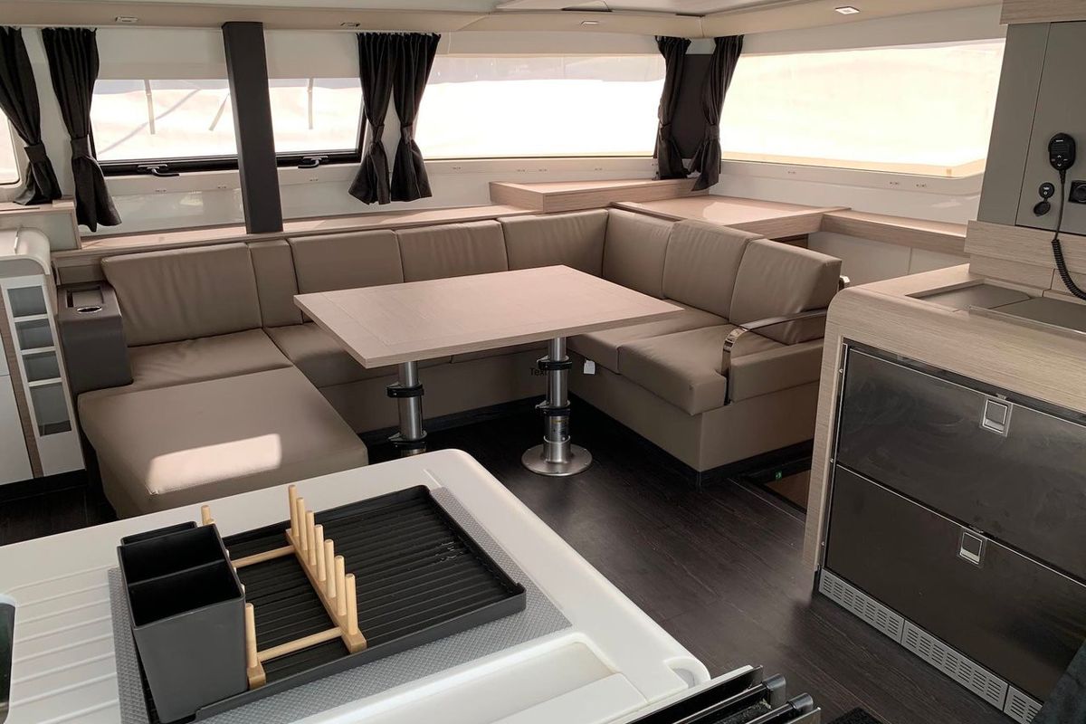 Salon of Lazuli, a Fountaine Pajot Elba 45 catamaran at Athens, Greece