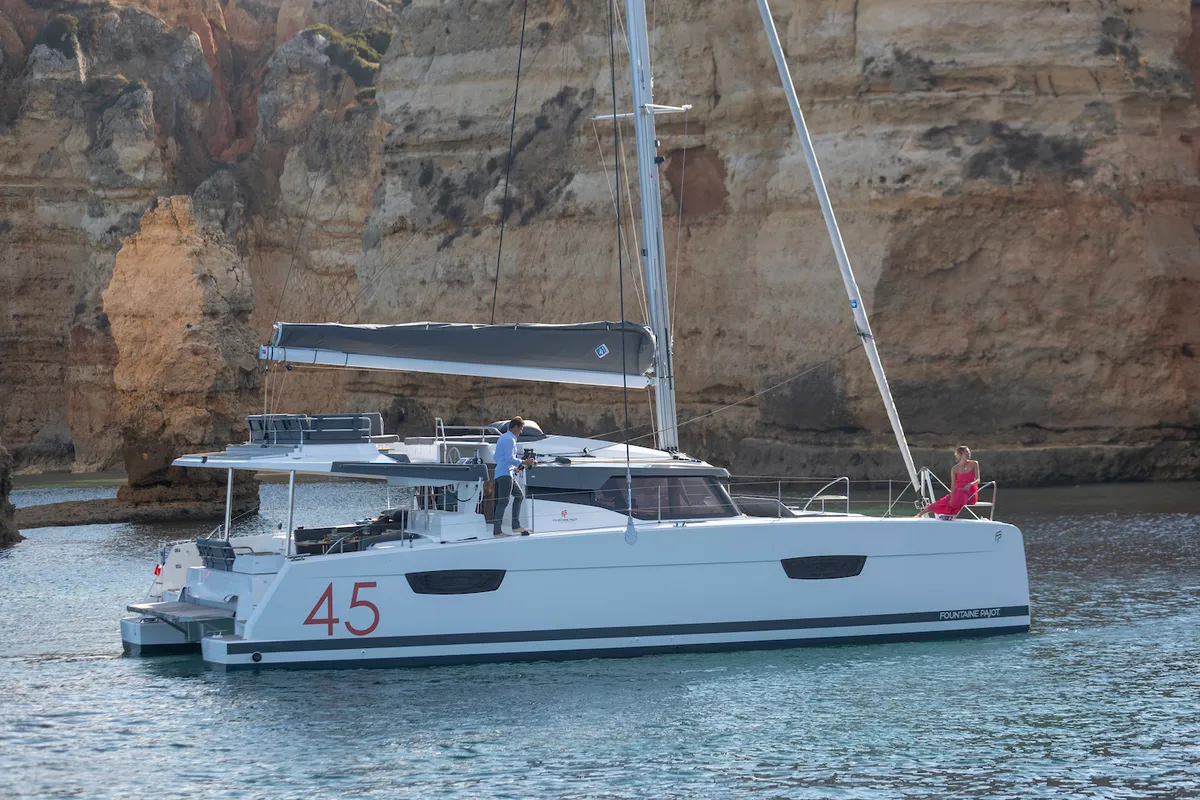 Exterior view of Lazuli, a Fountaine Pajot Elba 45 catamaran at Athens, Greece