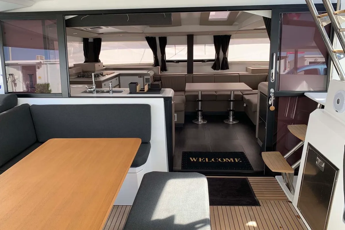 Deck of Lazuli, a Fountaine Pajot Elba 45 catamaran at Athens, Greece