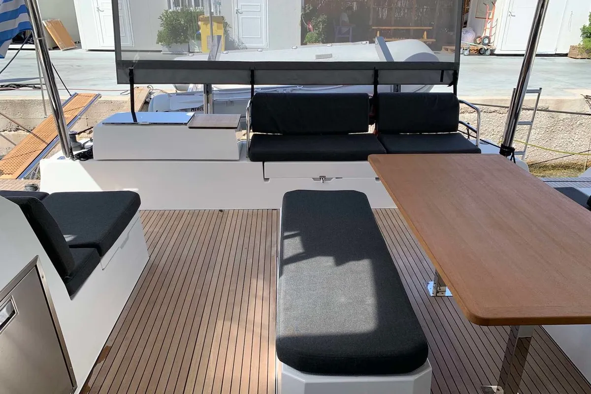 Deck of Lazuli, a Fountaine Pajot Elba 45 catamaran at Athens, Greece