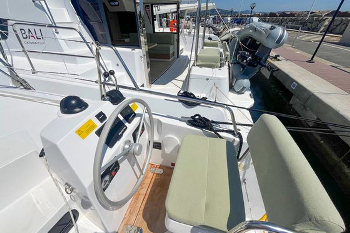 Cockpit of Hope, a Bali Catsmart catamaran at Hyères, France