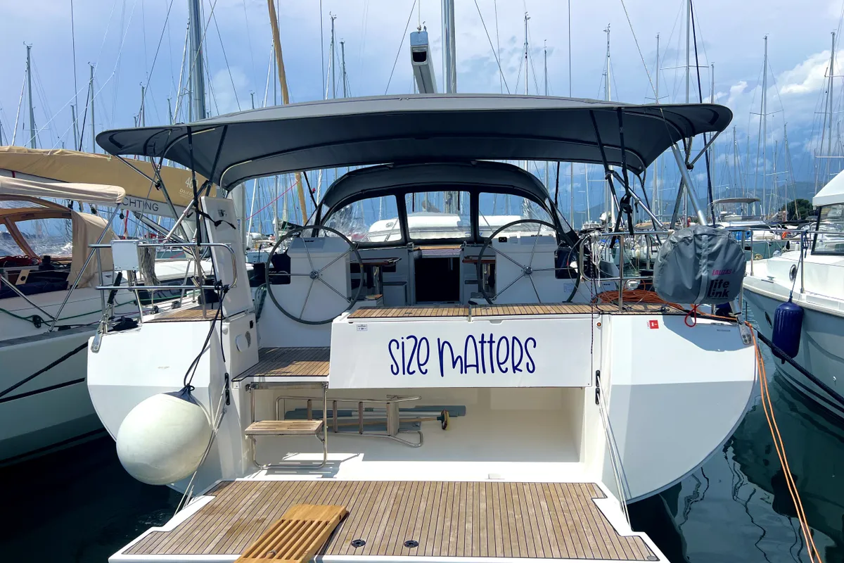 Exterior view of Size Matters, a Bavaria C50 Holiday sailboat at Grad Kaštela, Croatia