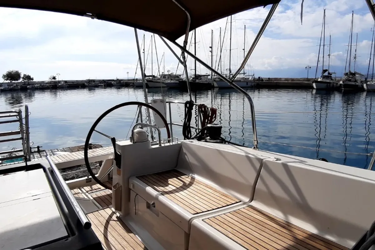 Cockpit of Zeppelin, a Beneteau Oceanis 45 sailboat at Municipal Unit of Palairos, Greece