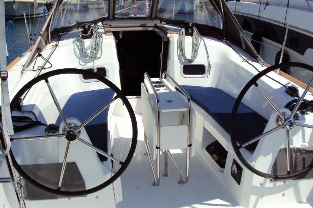 Cockpit of Gemma, a Jeanneau Sun Odyssey 349 sailboat at Grad Pula, Croatia