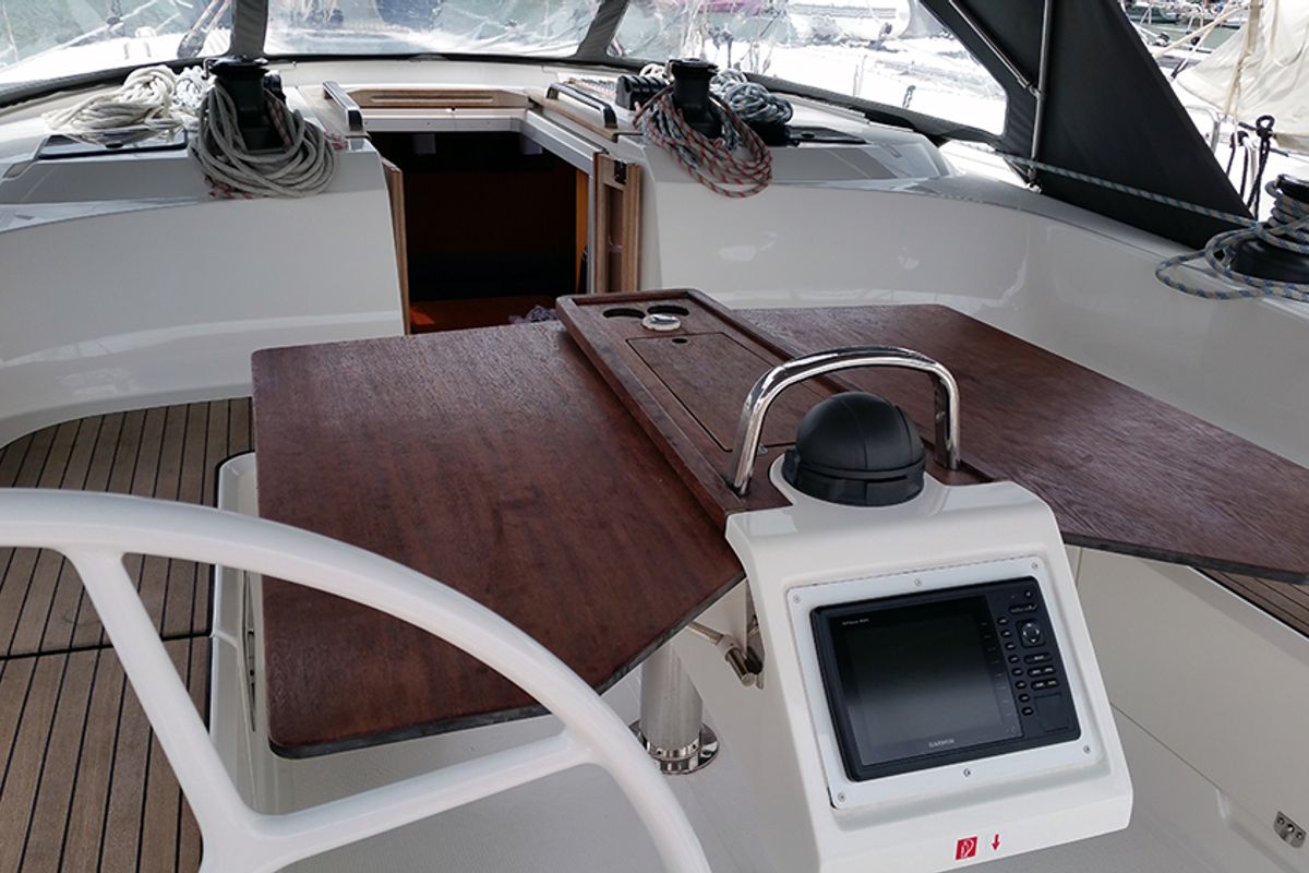 Cockpit of Firewall, a Bavaria Cruiser 51 sailboat at Llucmajor, Spain