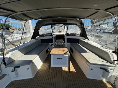 Cockpit of Scrusciu du Mari, a Dufour 470 sailboat at Procida, Italy