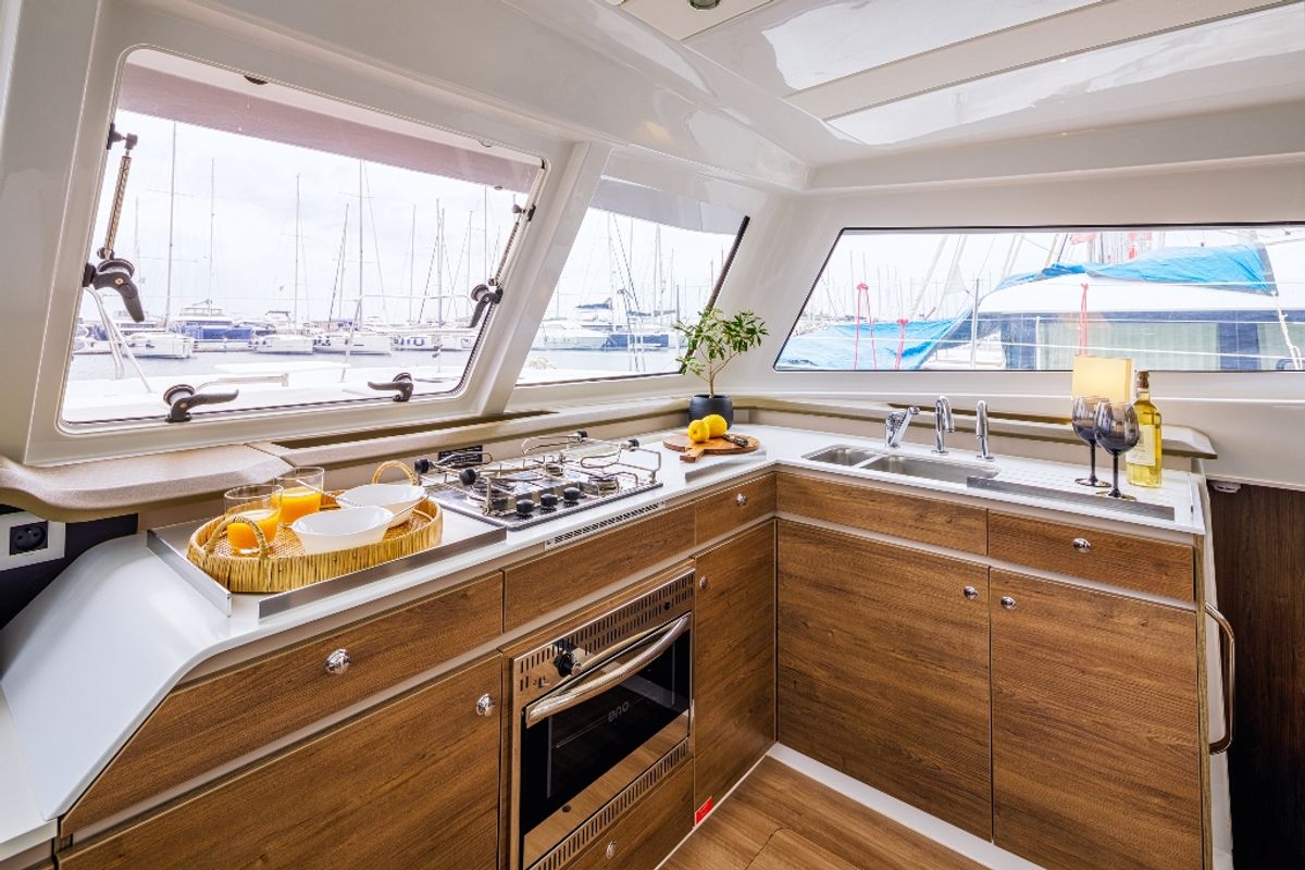 Galley of Sole Mio, a Bali Catspace catamaran at Municipal Unit of Nea Peramos, Greece