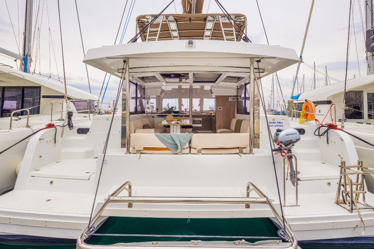 Deck of Sole Mio, a Bali Catspace catamaran at Municipal Unit of Nea Peramos, Greece