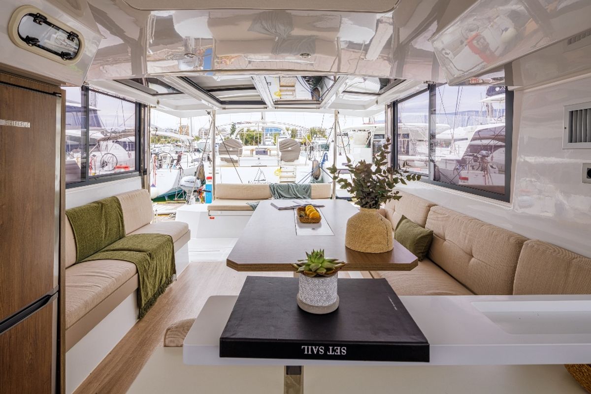 Salon of Sole Mio, a Bali Catspace catamaran at Municipal Unit of Nea Peramos, Greece