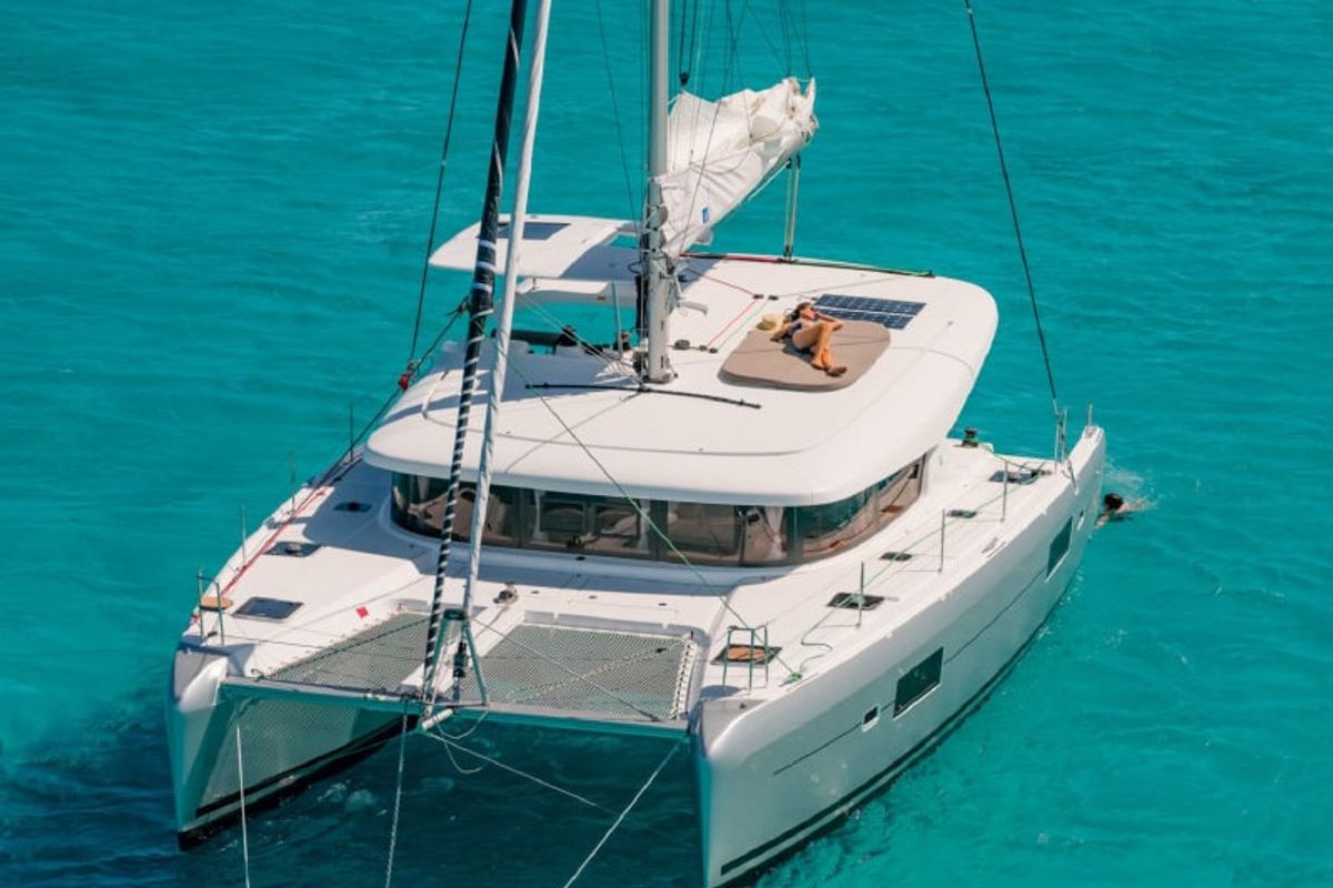 Exterior view of Mio, a Lagoon 42 catamaran at Municipal Unit of Lefkada, Greece