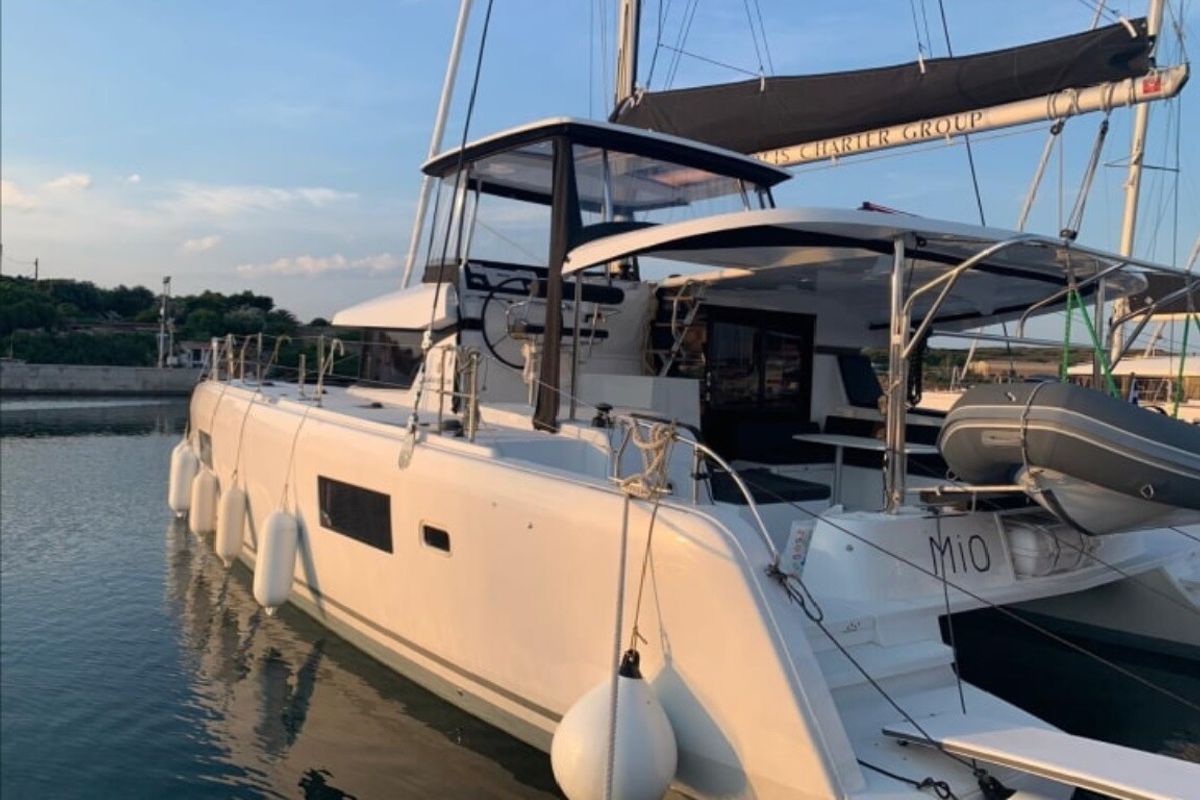 Exterior view of Mio, a Lagoon 42 catamaran at Municipal Unit of Lefkada, Greece
