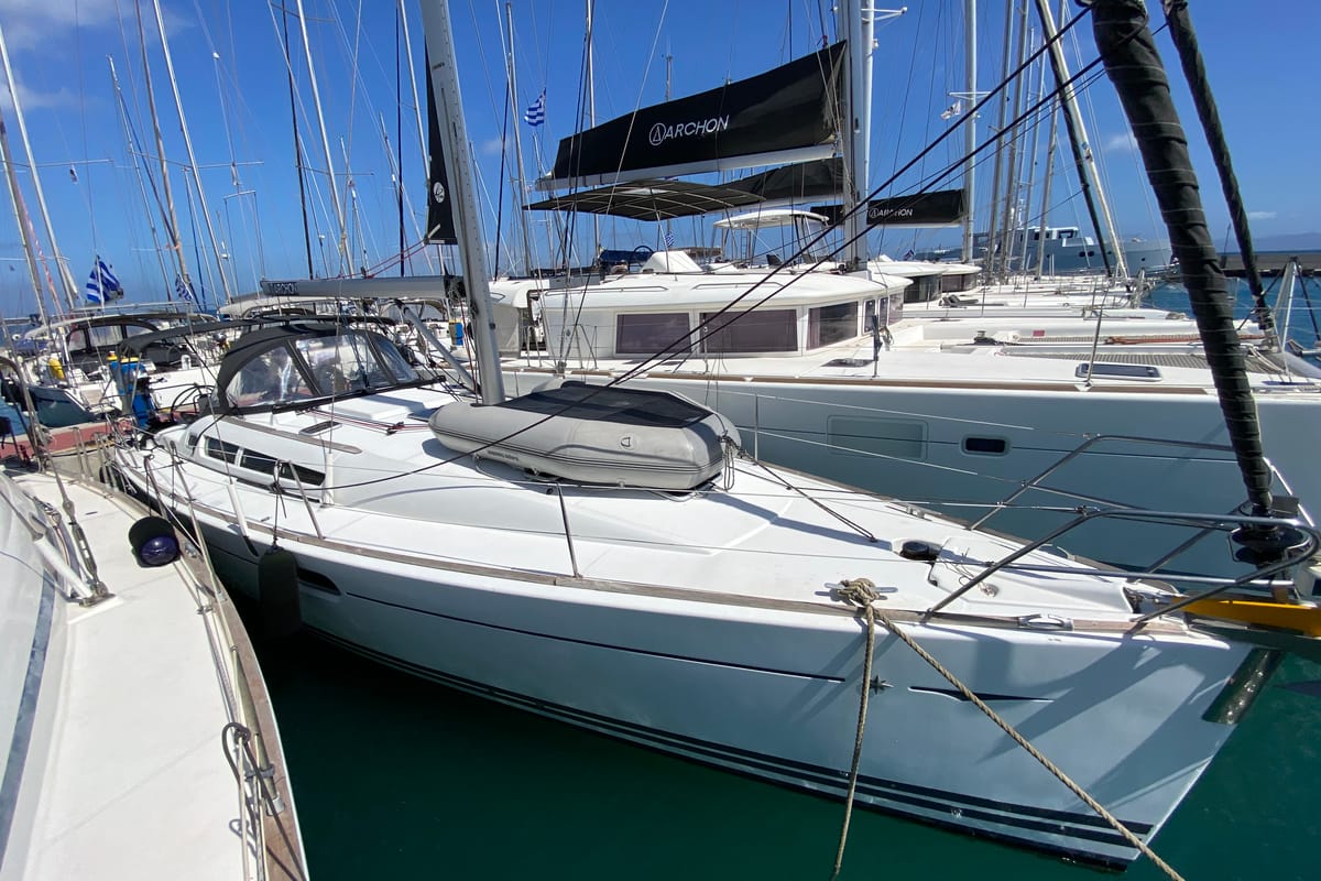 Exterior view of Imagine, a Jeanneau Sun Odyssey 42 i sailboat at Kos, Greece