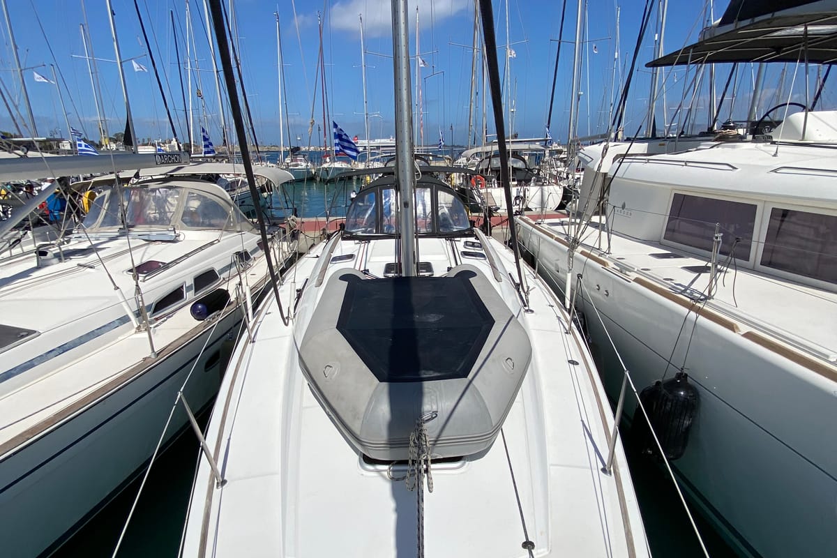 Deck of Imagine, a Jeanneau Sun Odyssey 42 i sailboat at Kos, Greece