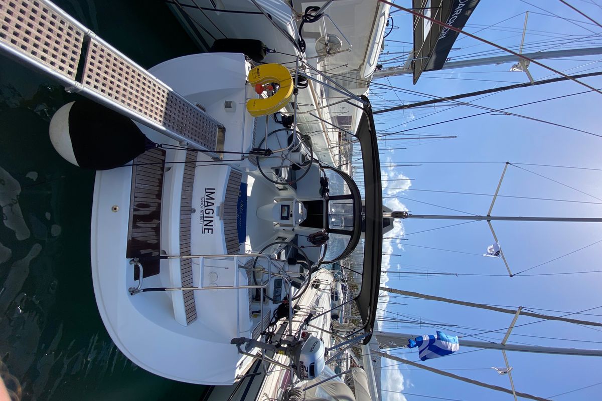 Cockpit of Imagine, a Jeanneau Sun Odyssey 42 i sailboat at Kos, Greece