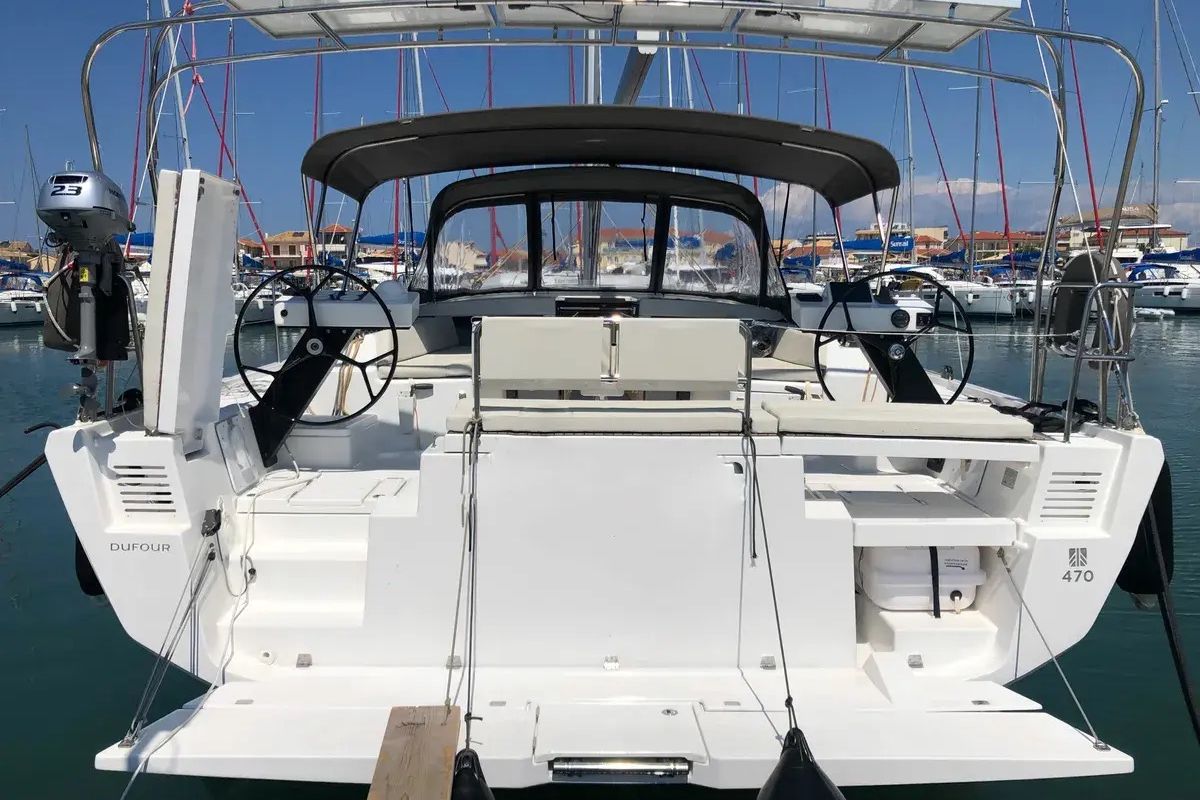 Exterior view of Emphasis, a Dufour 470 sailboat at Municipal Unit of Lefkada, Greece