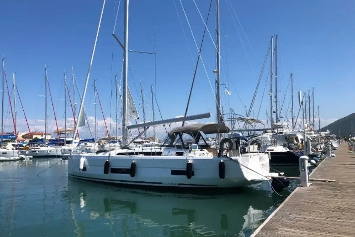 Exterior view of Emphasis, a Dufour 470 sailboat at Municipal Unit of Lefkada, Greece