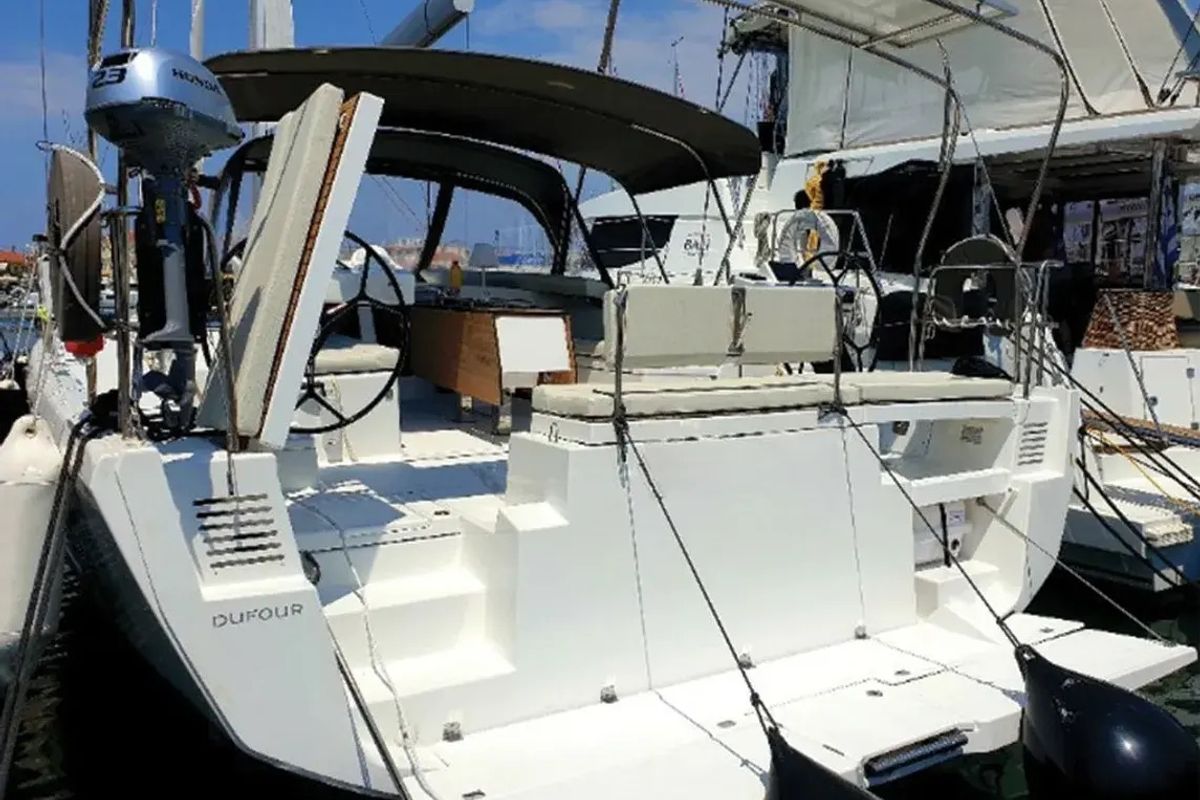 Exterior view of Emphasis, a Dufour 470 sailboat at Municipal Unit of Lefkada, Greece