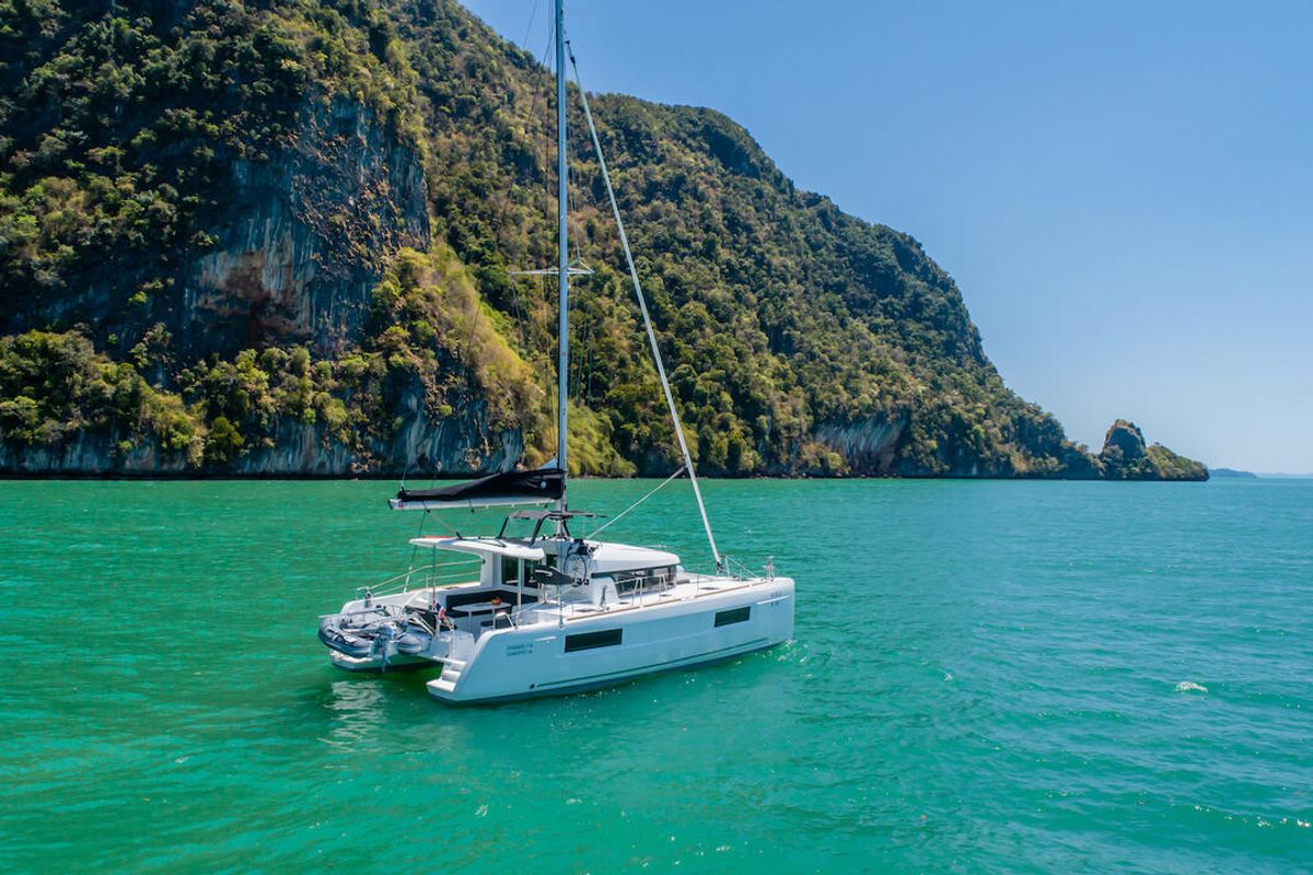 Exterior view of K-35, a Lagoon 40 catamaran at Pa Khlok, Thailand