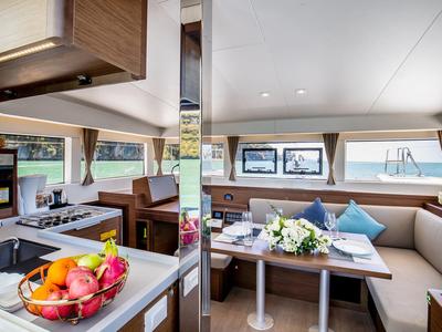 Salon of K-35, a Lagoon 40 catamaran at Pa Khlok, Thailand