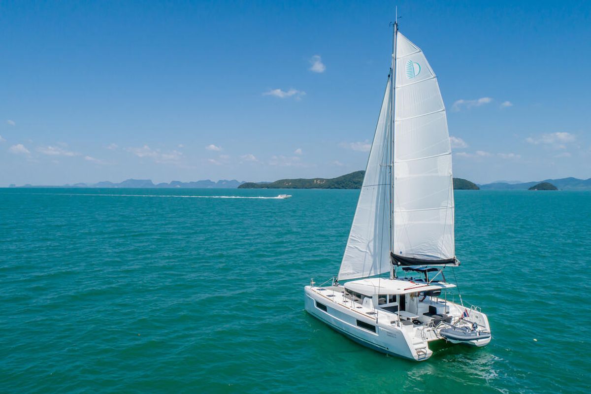 Exterior view of K-35, a Lagoon 40 catamaran at Pa Khlok, Thailand
