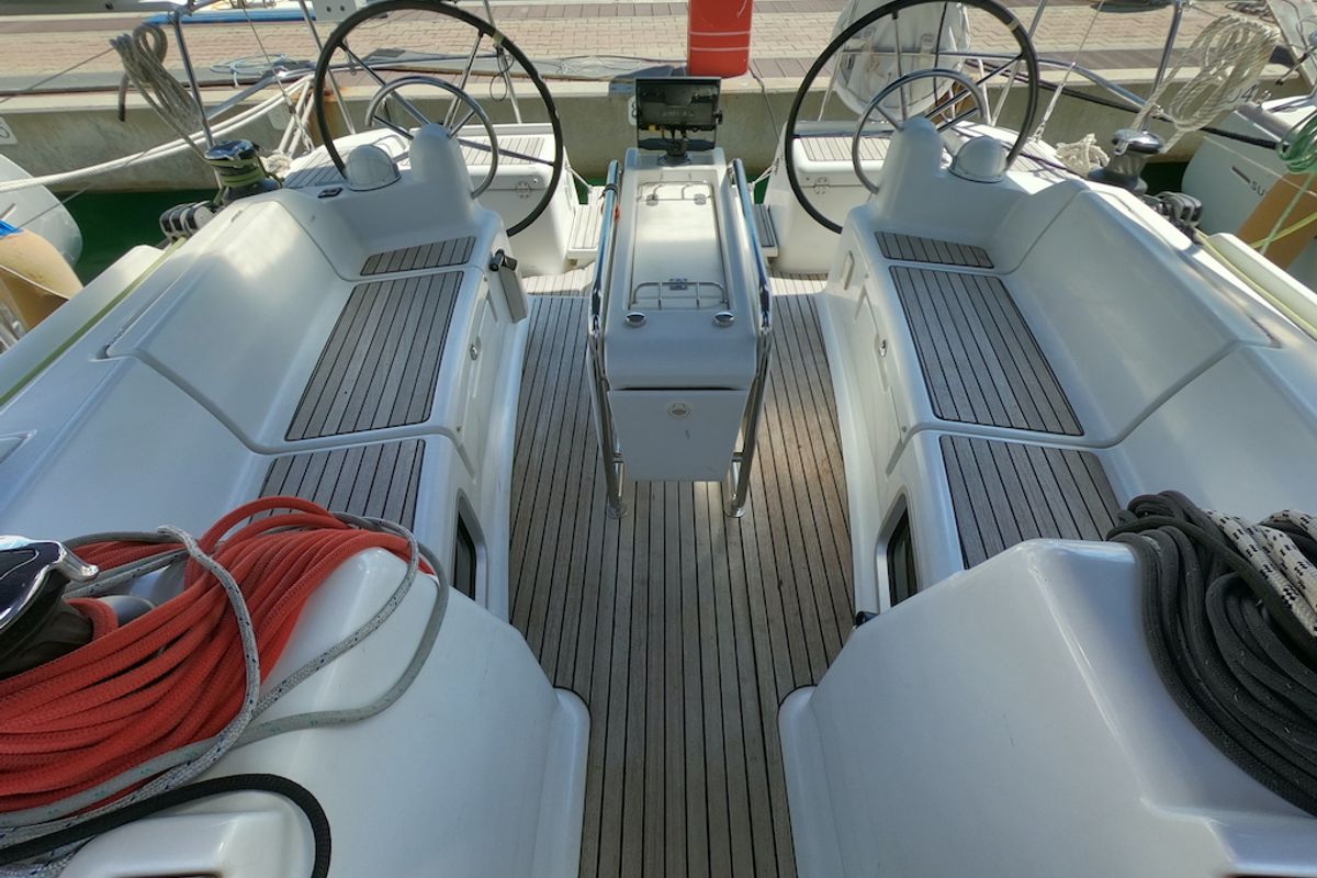Cockpit of Piedanlo, a Jeanneau Sun Odyssey 409 sailboat at Olbia, Italy