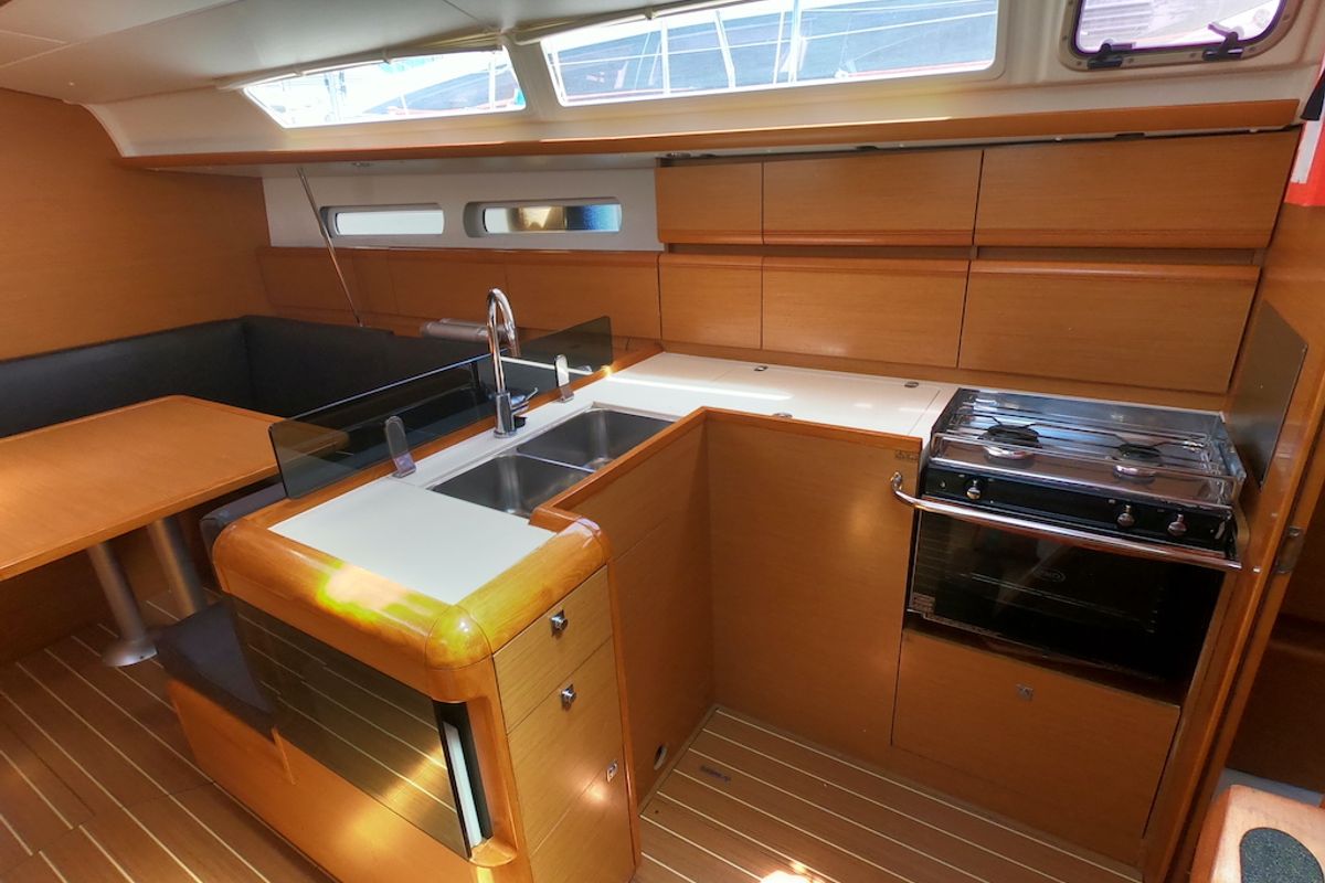 Galley of Piedanlo, a Jeanneau Sun Odyssey 409 sailboat at Olbia, Italy