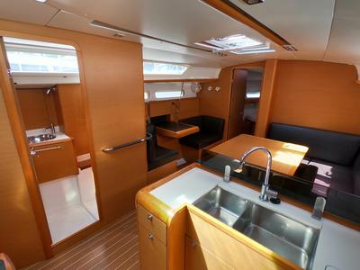 Galley of Piedanlo, a Jeanneau Sun Odyssey 409 sailboat at Olbia, Italy