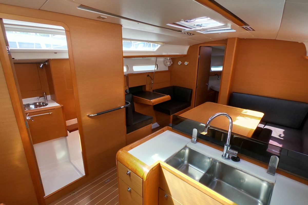 Galley of Piedanlo, a Jeanneau Sun Odyssey 409 sailboat at Olbia, Italy