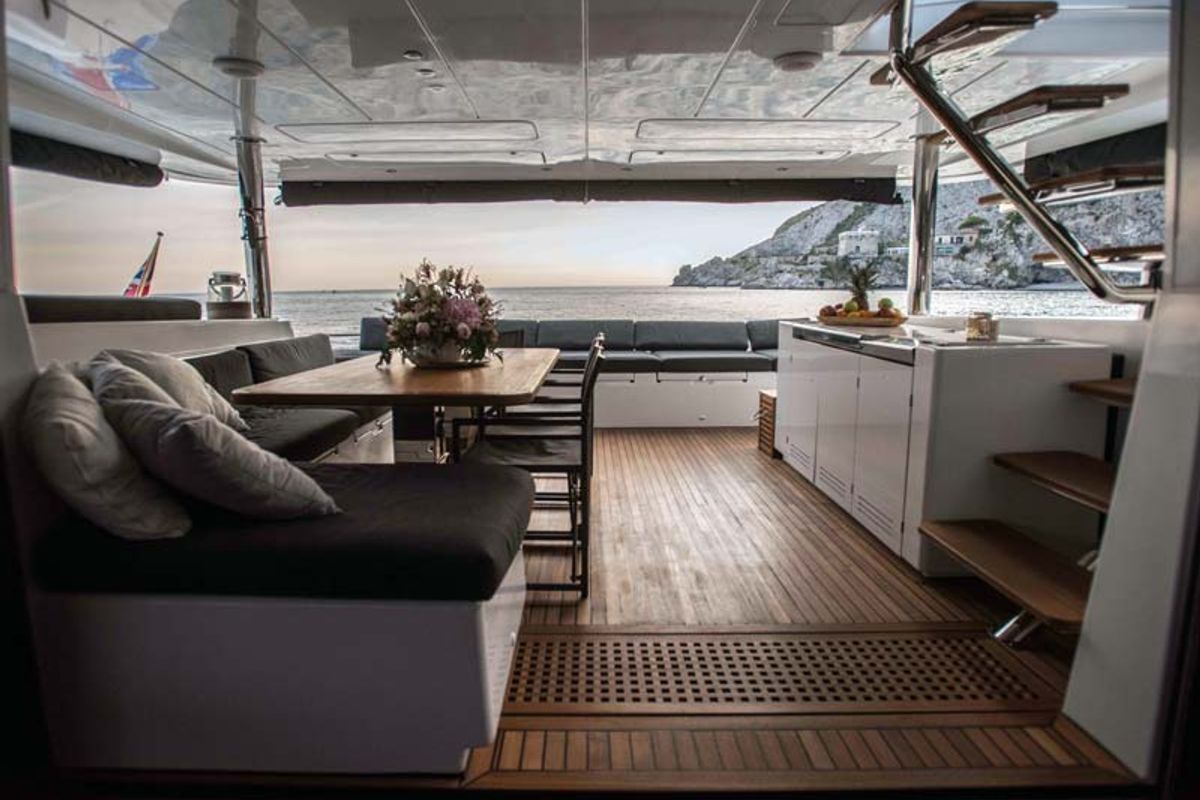 Deck of Soleanis II, a Lagoon 620 catamaran at Salerno, Italy