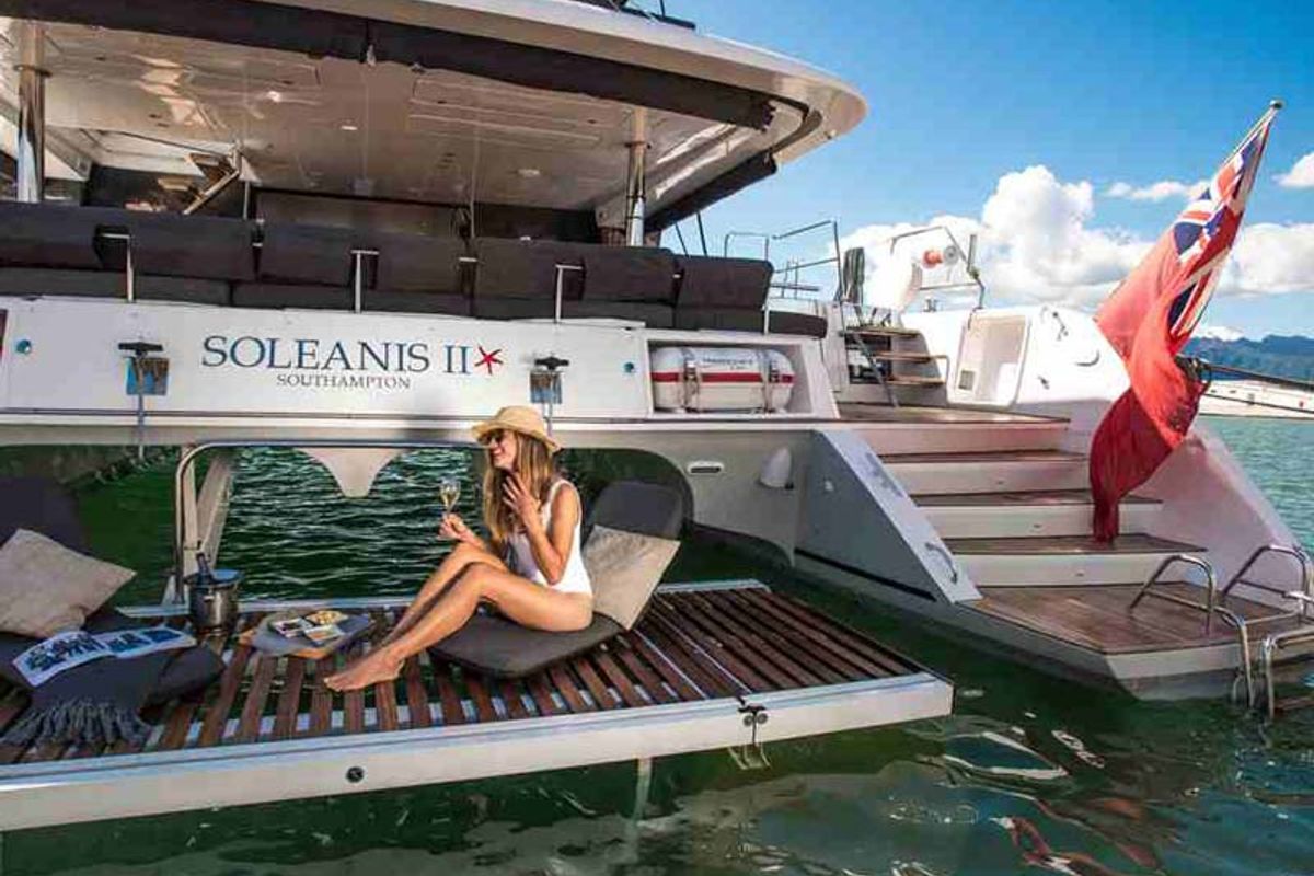 Deck of Soleanis II, a Lagoon 620 catamaran at Salerno, Italy