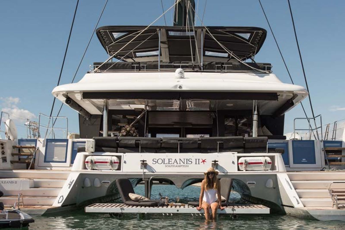 Exterior view of Soleanis II, a Lagoon 620 catamaran at Salerno, Italy