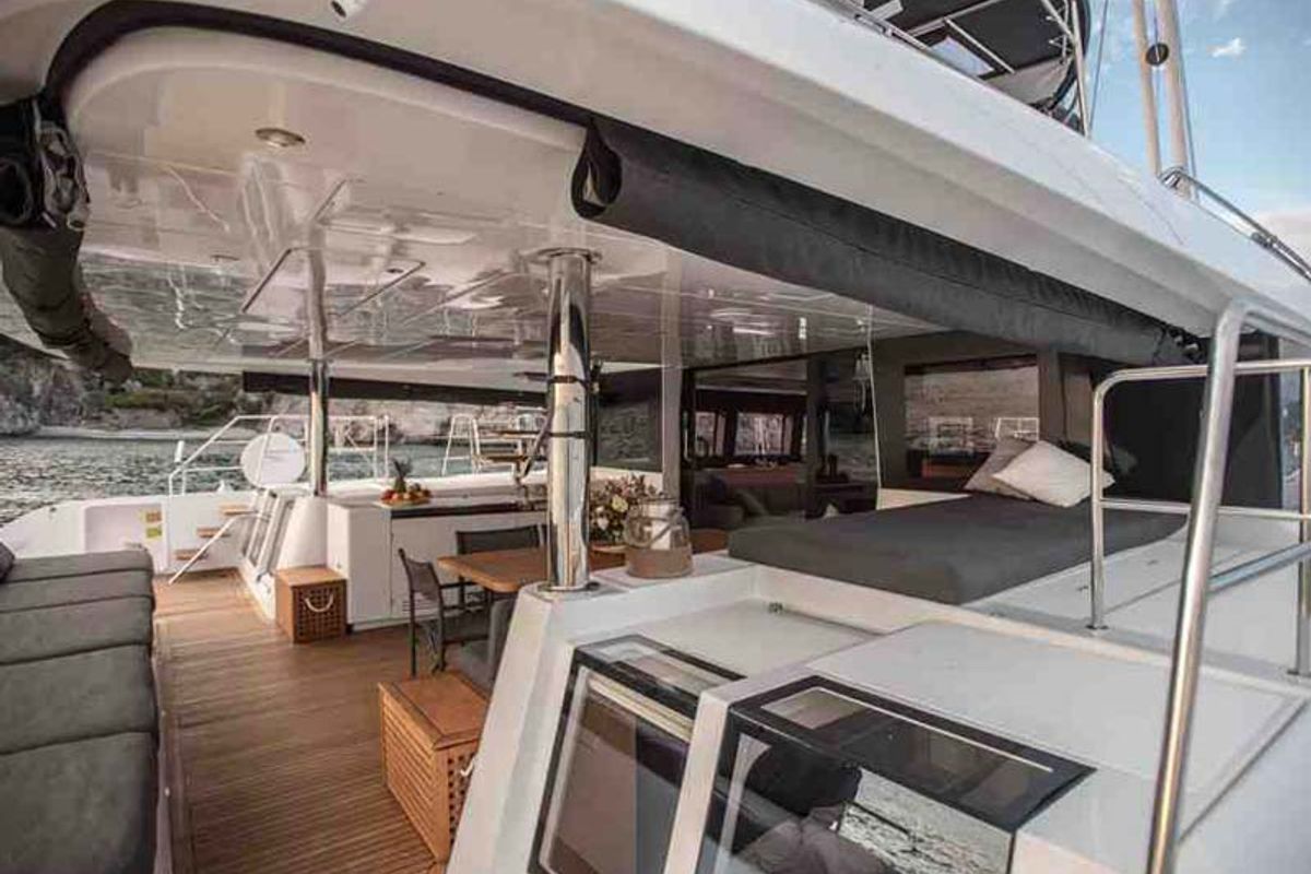 Deck of Soleanis II, a Lagoon 620 catamaran at Salerno, Italy