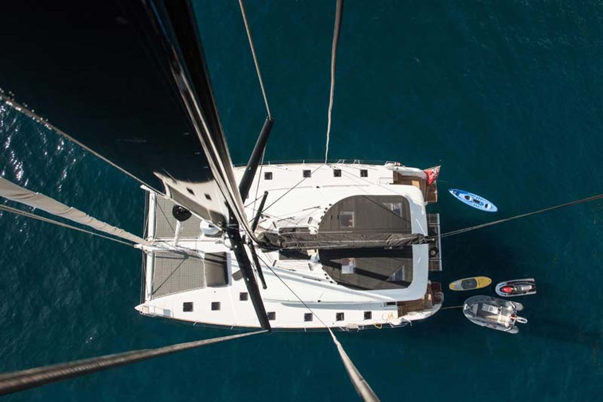 Exterior view of Soleanis II, a Lagoon 620 catamaran at Salerno, Italy