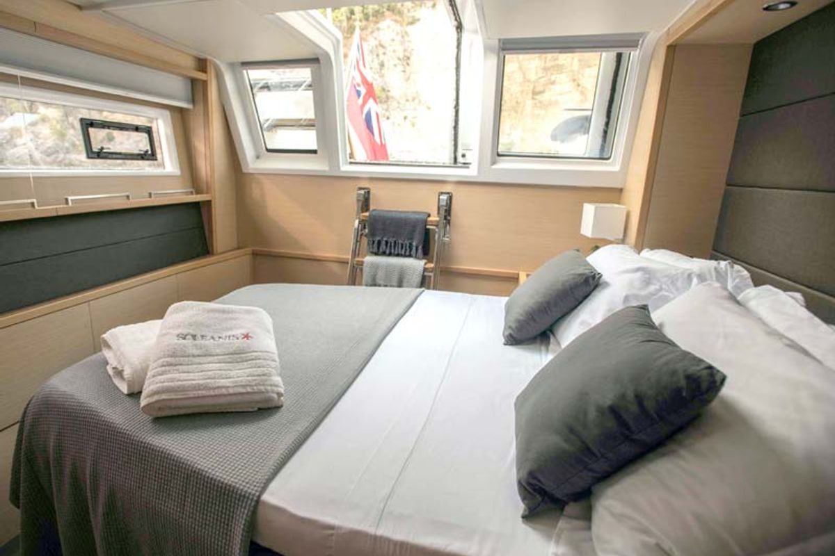 Cabin on Soleanis II, a Lagoon 620 catamaran at Salerno, Italy