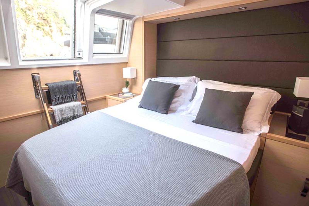 Cabin on Soleanis II, a Lagoon 620 catamaran at Salerno, Italy