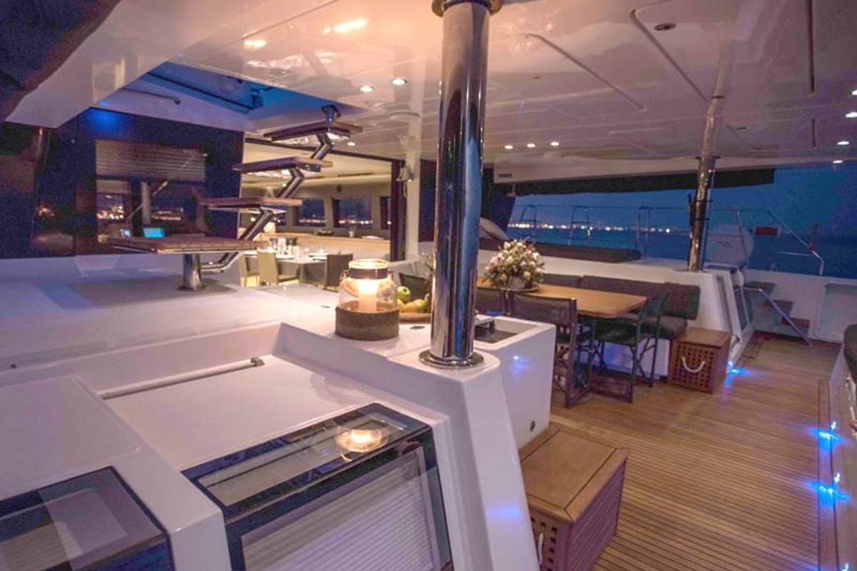 Deck of Soleanis II, a Lagoon 620 catamaran at Salerno, Italy