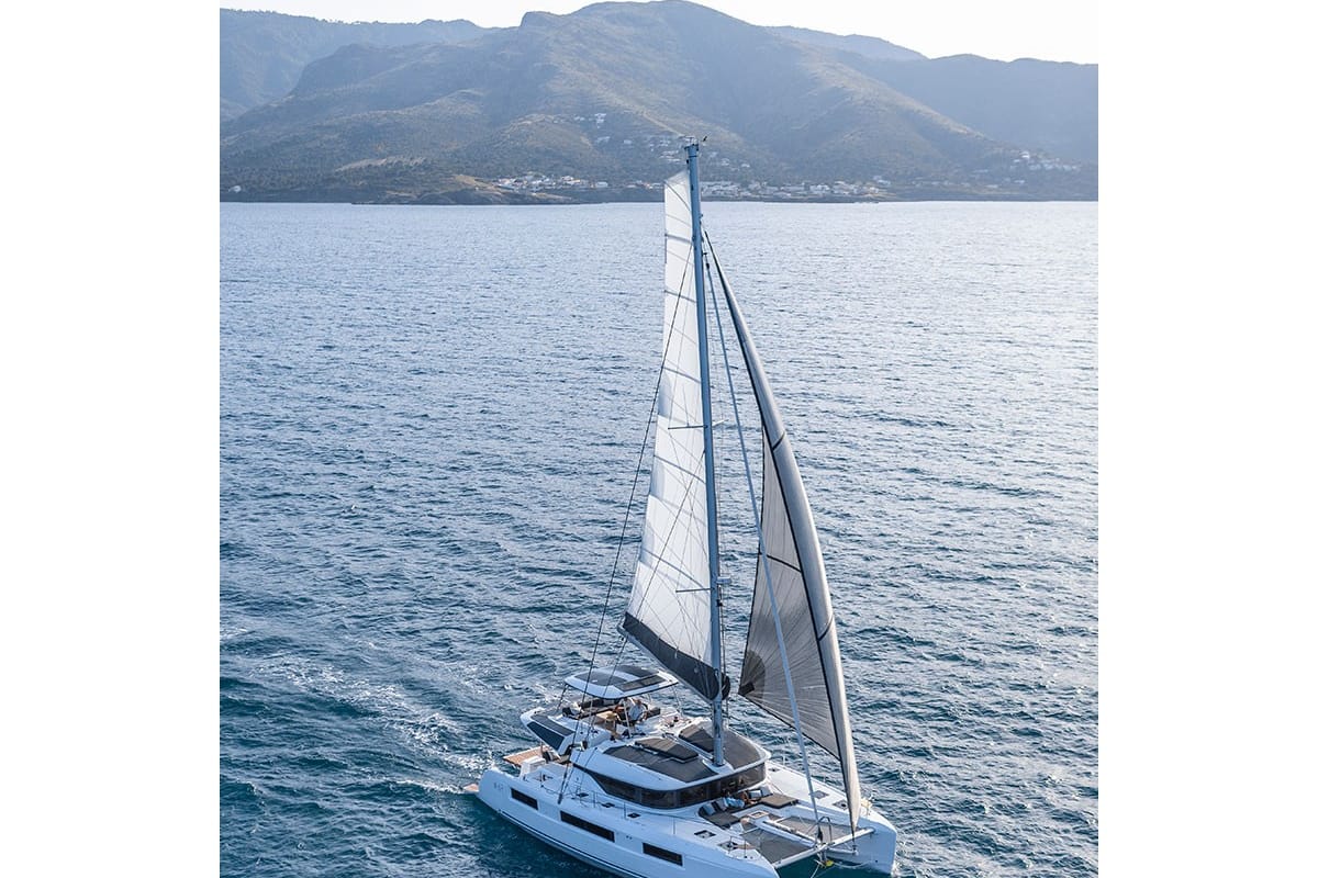 Exterior view of Alpha - Skippered, a Lagoon 51 catamaran at Mykonos, Greece