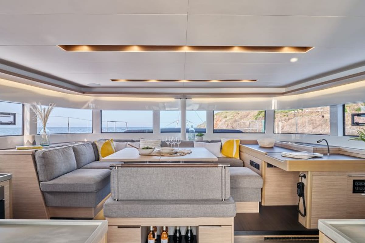 Salon of Alpha - Skippered, a Lagoon 51 catamaran at Mykonos, Greece